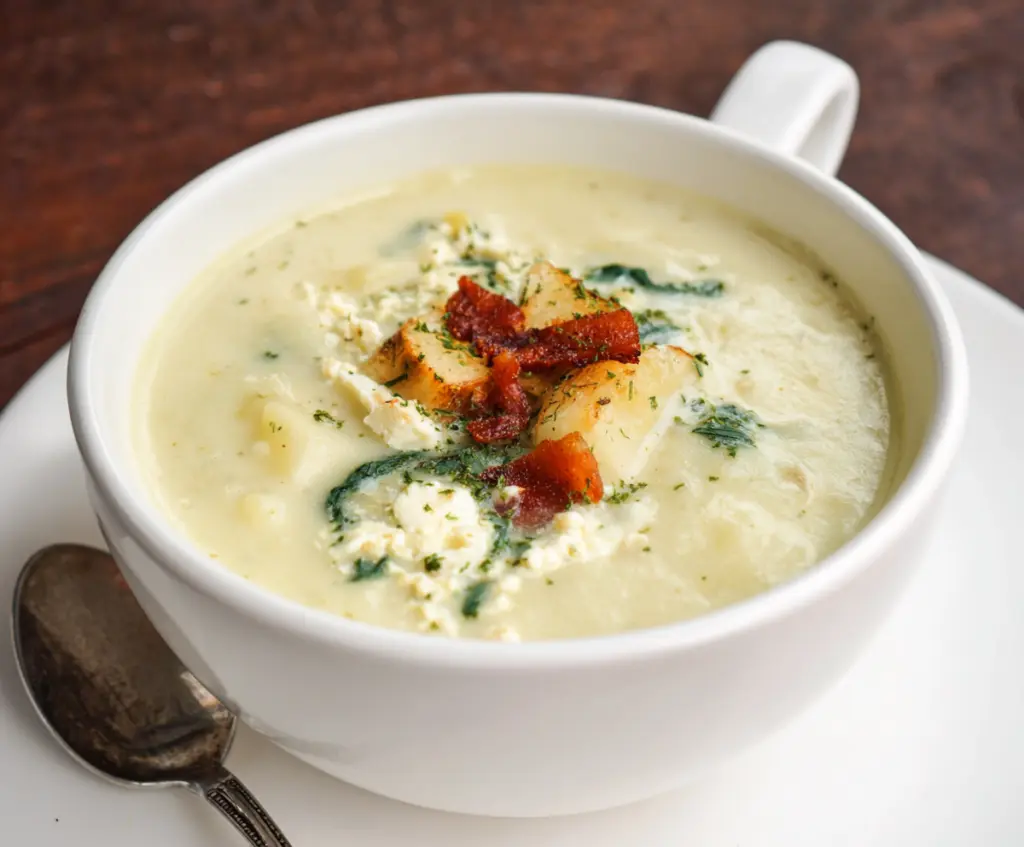 Creamy cottage cheese potato soup in a bowl, garnished with herbs, perfect for a comforting meal.
