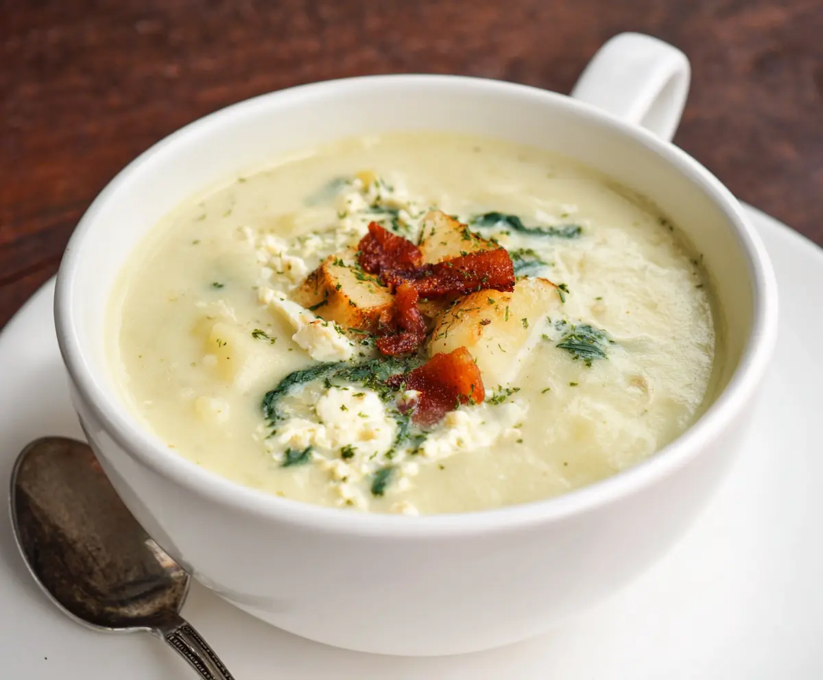 Creamy cottage cheese potato soup in a bowl, garnished with herbs, perfect for a comforting meal.