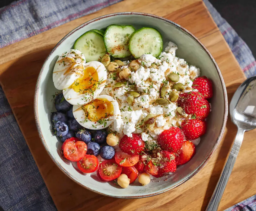 Healthy Cottage Cheese Protein Bowl with fresh fruits and nuts for a nutritious breakfast