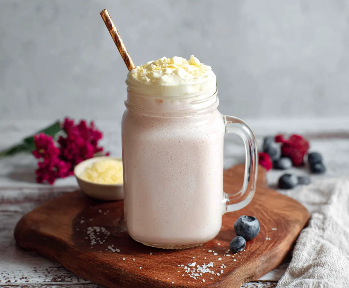 Healthy cottage cheese protein shake in a glass, garnished with fresh fruit, perfect for a nutritious breakfast or snack.