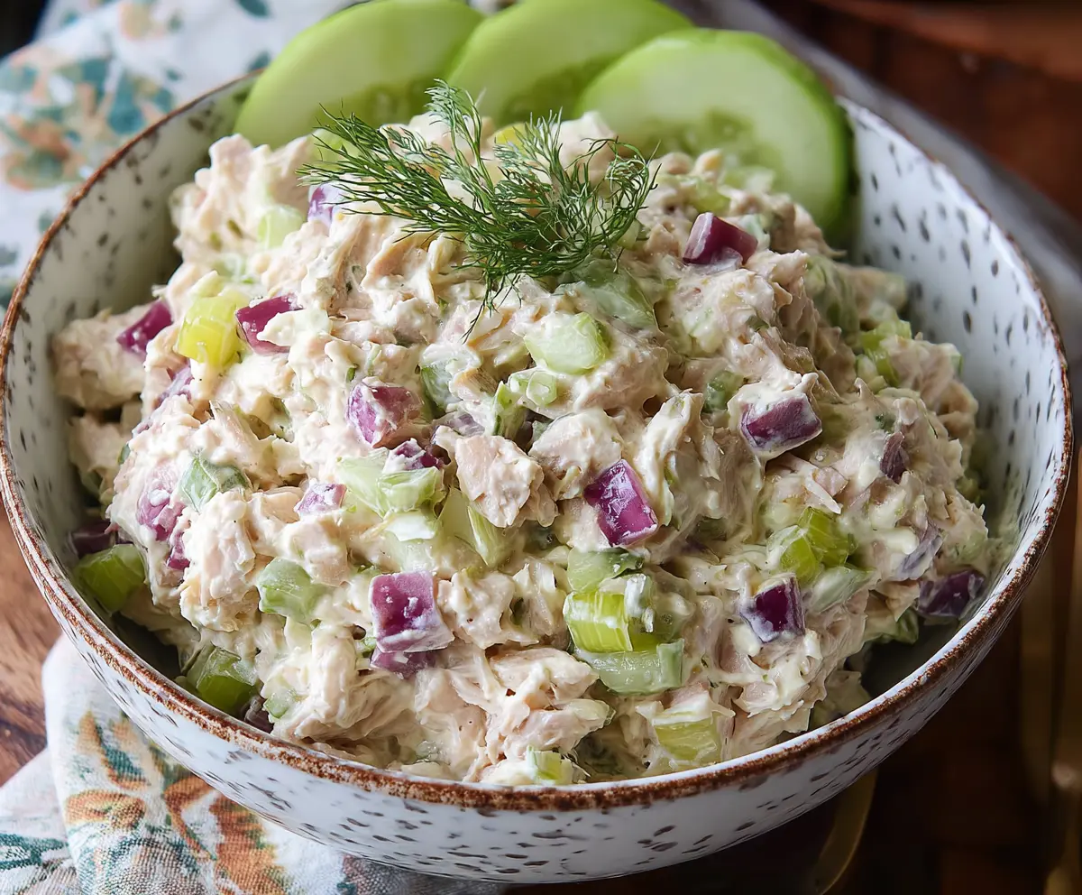Healthy cottage cheese tuna salad with fresh vegetables and herbs on a white plate