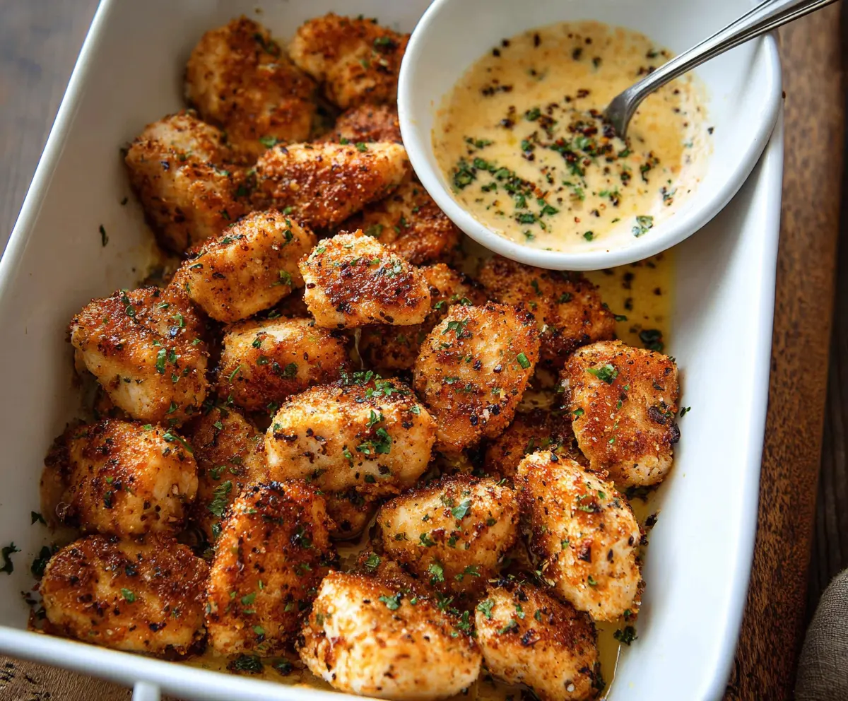 Juicy cowboy butter chicken bites garnished with fresh herbs on a rustic wooden plate.