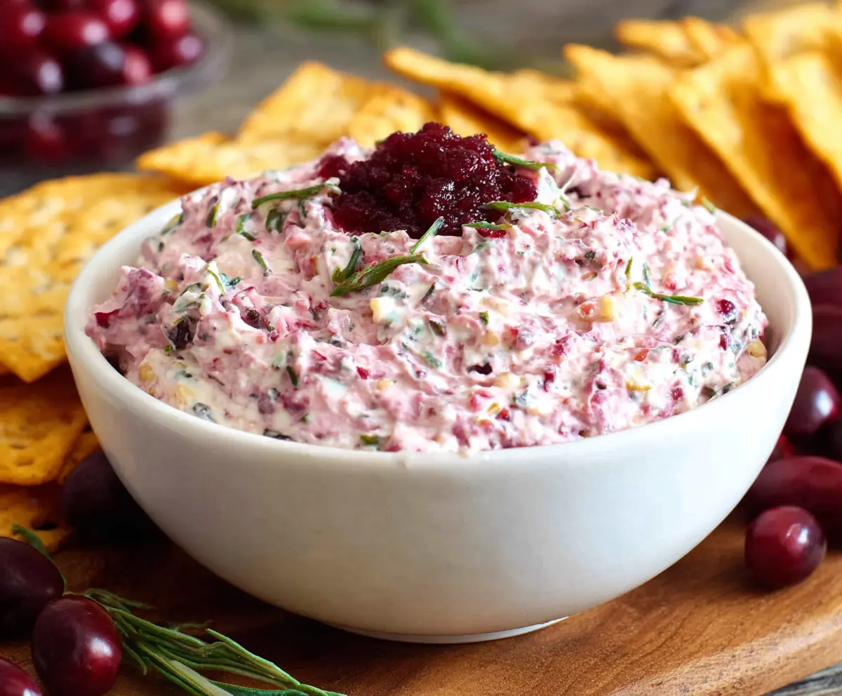 Creamy cranberry jalapeno dip garnished with fresh herbs, perfect for parties and appetizers.