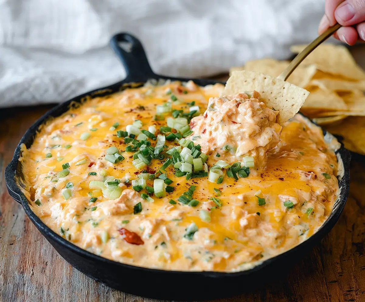 Cream Cheese Rotel Dip served with tortilla chips for a delicious appetizer