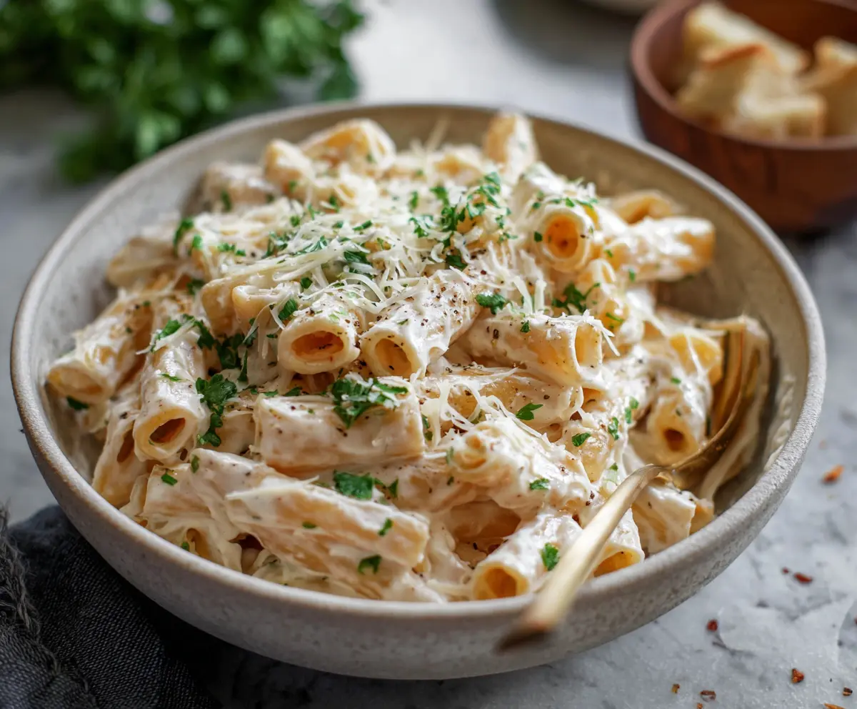 Creamy cottage cheese Alfredo sauce served over pasta in a white bowl