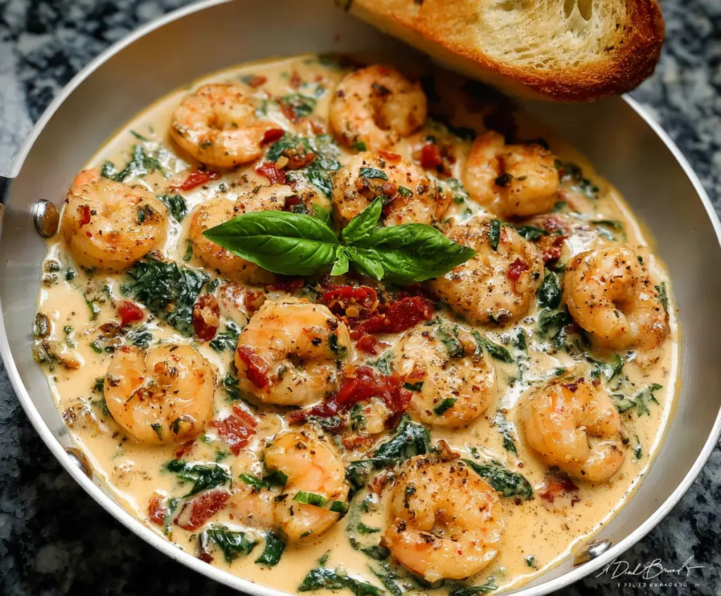 Delicious creamy garlic butter Tuscan shrimp served on a plate garnished with fresh herbs.