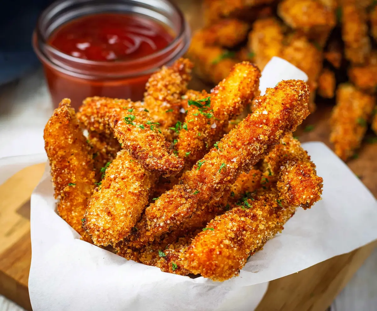 Delicious crispy chicken fries served with dipping sauce on a white plate.