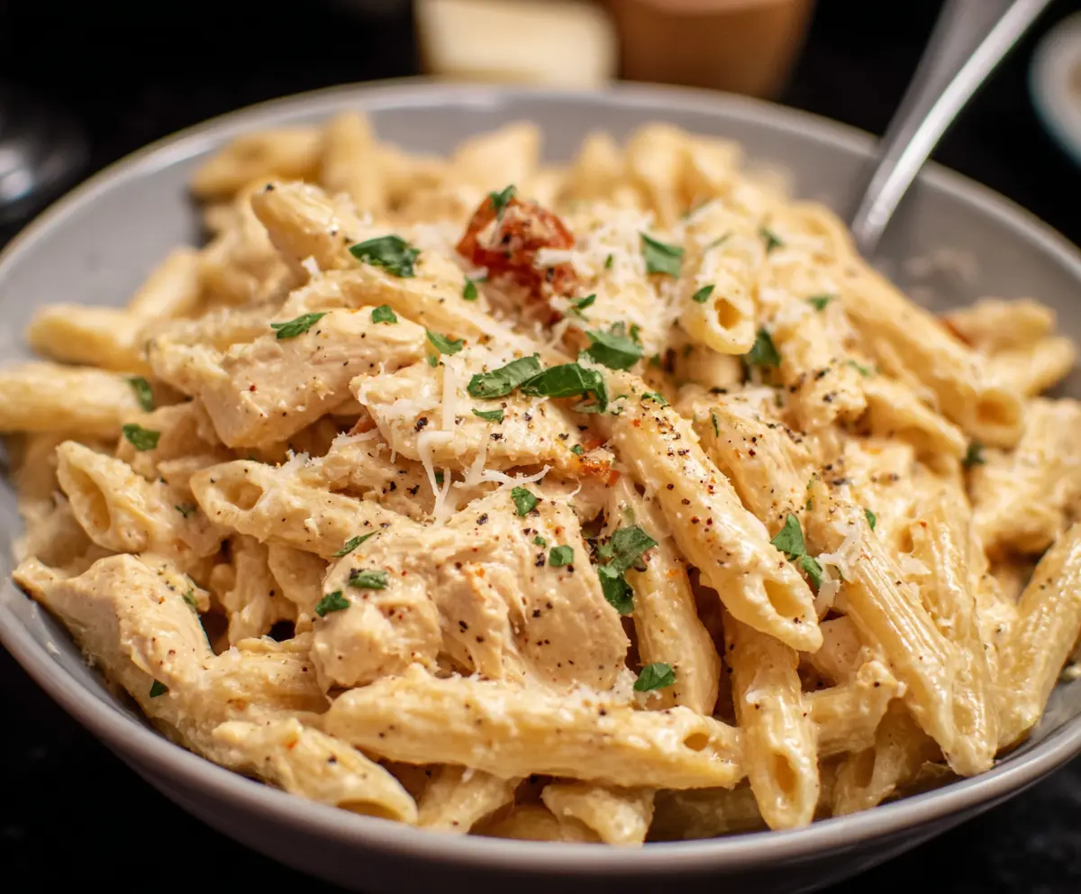 Delicious crockpot chicken pasta served in a white bowl, topped with fresh herbs.