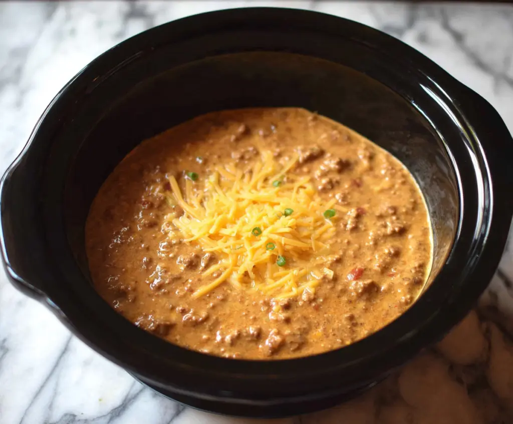 Creamy Crockpot Chili Cheese Dip served with tortilla chips for a tasty appetizer.