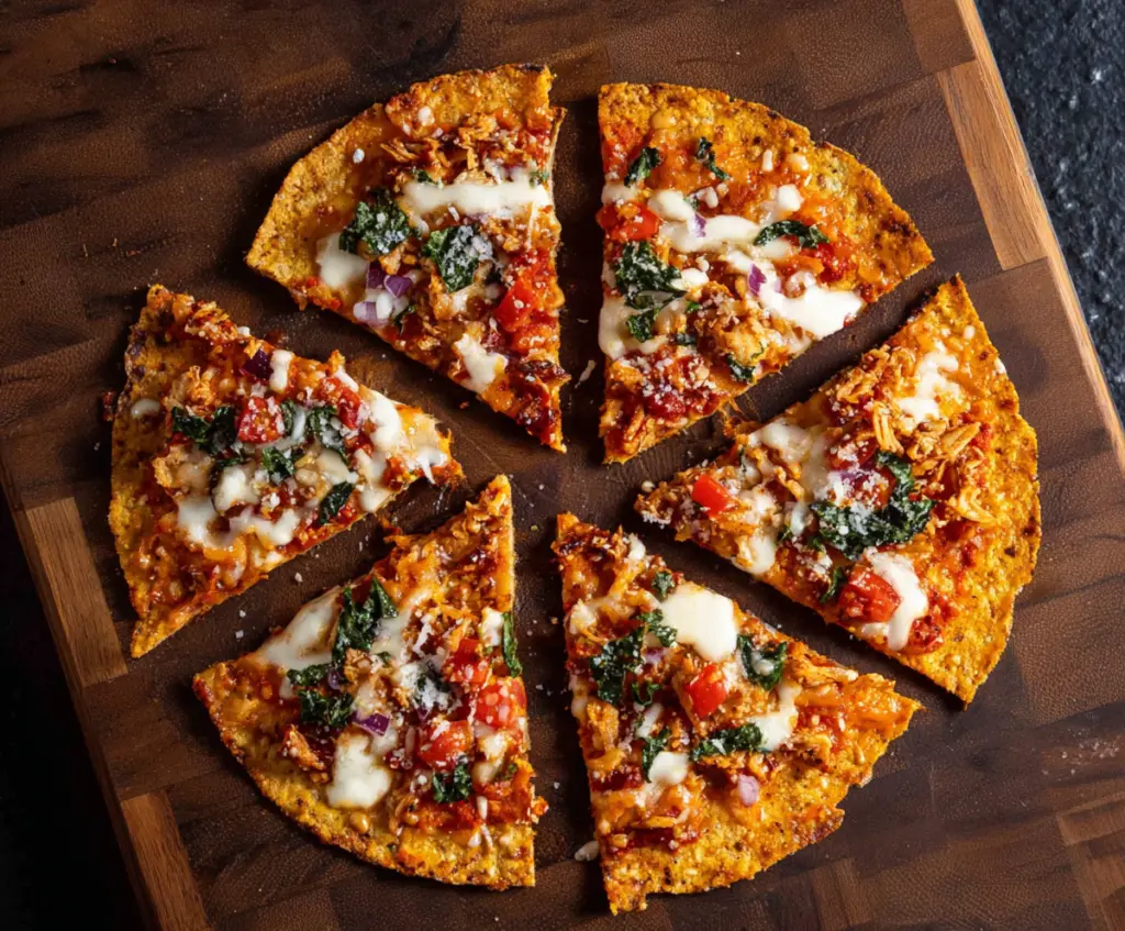 Delicious crunchy tortilla pizza topped with melted cheese and fresh toppings.