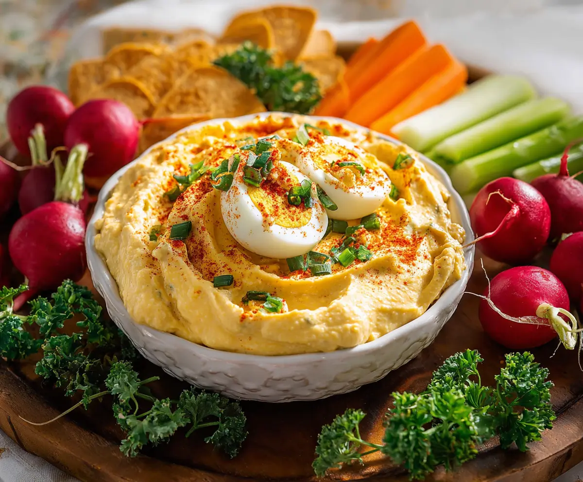 Creamy Deviled Eggs Dip served in a bowl with garnishes, perfect for parties and snacks.