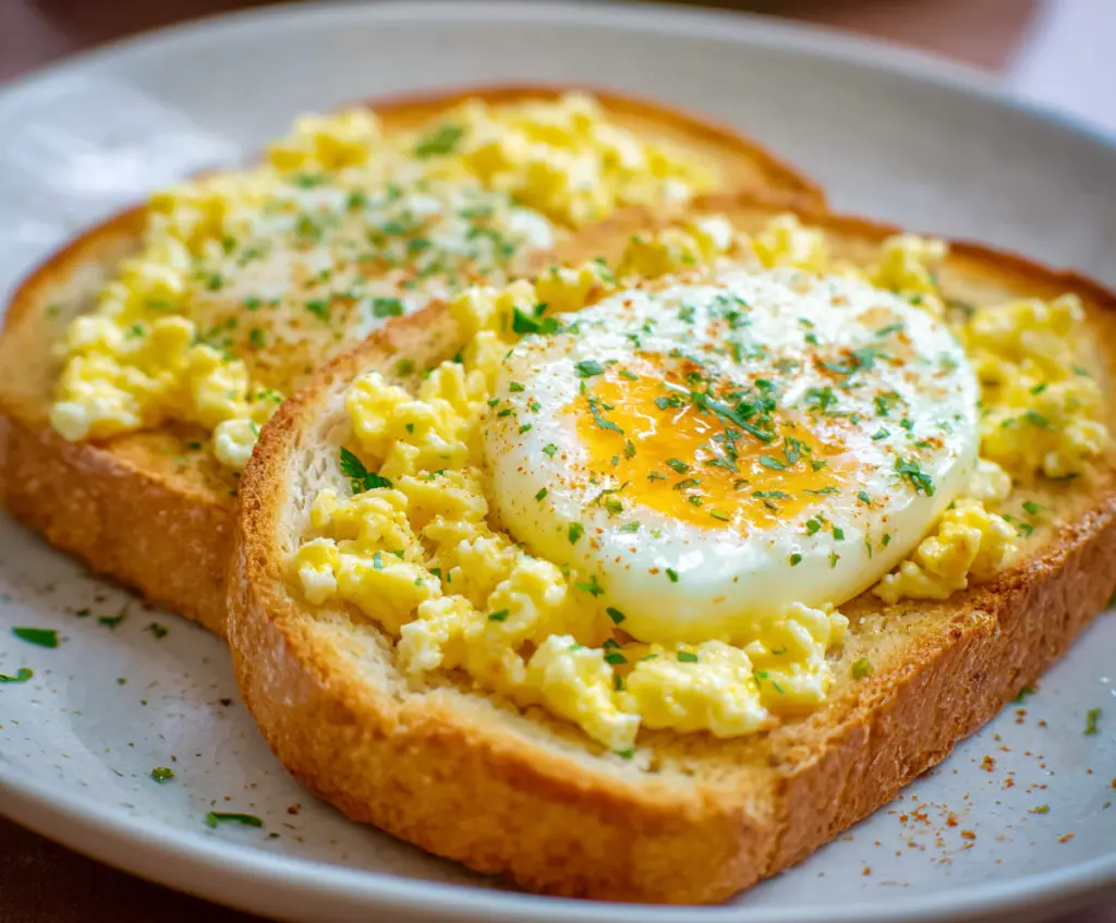 Golden crispy egg toast with melted cheese and fresh herbs on a rustic plate.