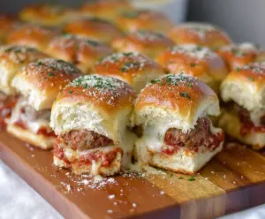 Delicious Garlic Parmesan Meatball Sliders with melted cheese and fresh herbs, perfect for party appetizers.