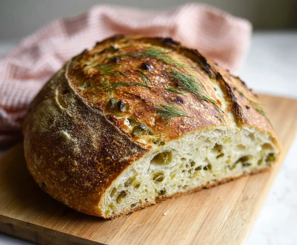 Homemade dill pickle sourdough bread with a golden crust and fresh dill garnish