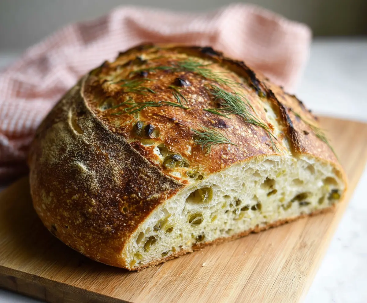 Homemade dill pickle sourdough bread with a golden crust and fresh dill garnish