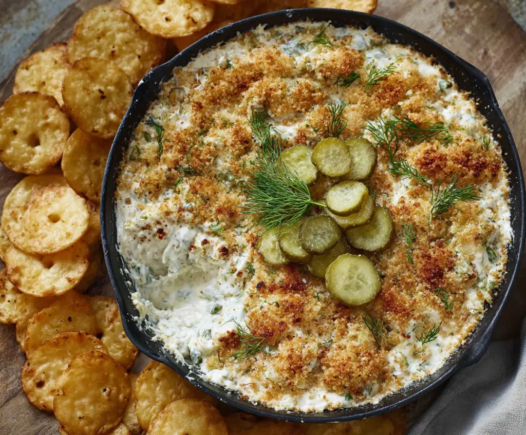 Crispy fried pickle dip served with fresh vegetables for a savory appetizer