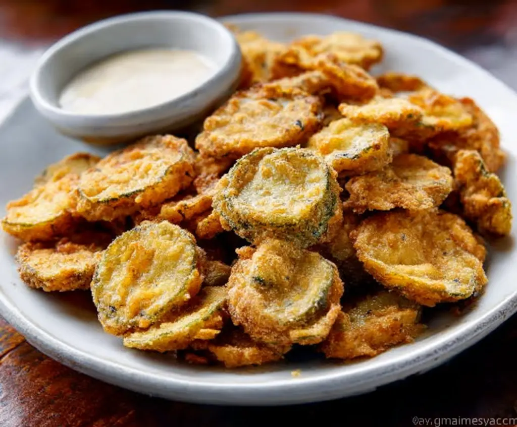 Crispy fried pickles served with dipping sauce on a rustic plate