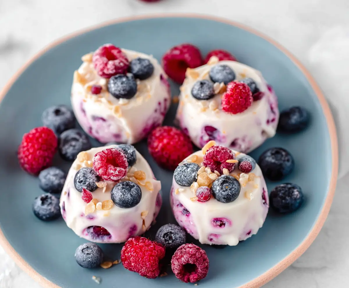 Delicious Frozen Greek Yogurt Bites with fresh berries on a plate, perfect healthy snack.
