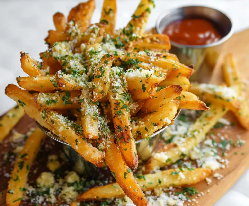 Crispy garlic and Parmesan fries served golden with fresh herbs.