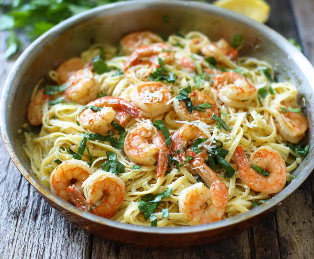 Delicious garlic butter shrimp pasta served on a white plate, garnished with fresh parsley.