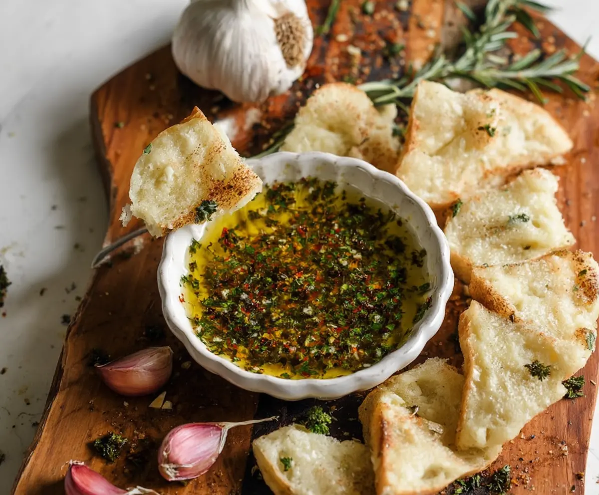 Creamy garlic and olive oil dip served with fresh bread, perfect for appetizers.