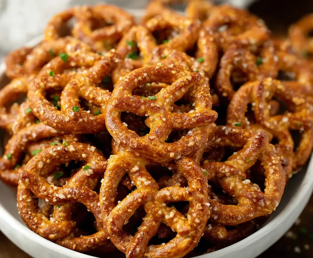 Delicious Garlic Ranch Pretzels with a golden-brown crust and savory seasoning.