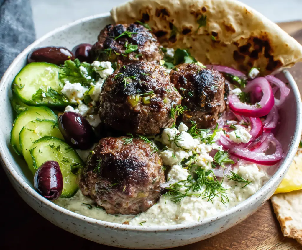 Delicious Greek meatballs served with fresh herbs and lemon on a rustic plate.