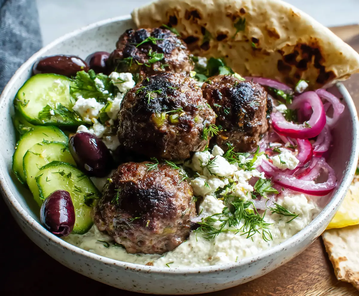 Delicious Greek meatballs served with fresh herbs and lemon on a rustic plate.