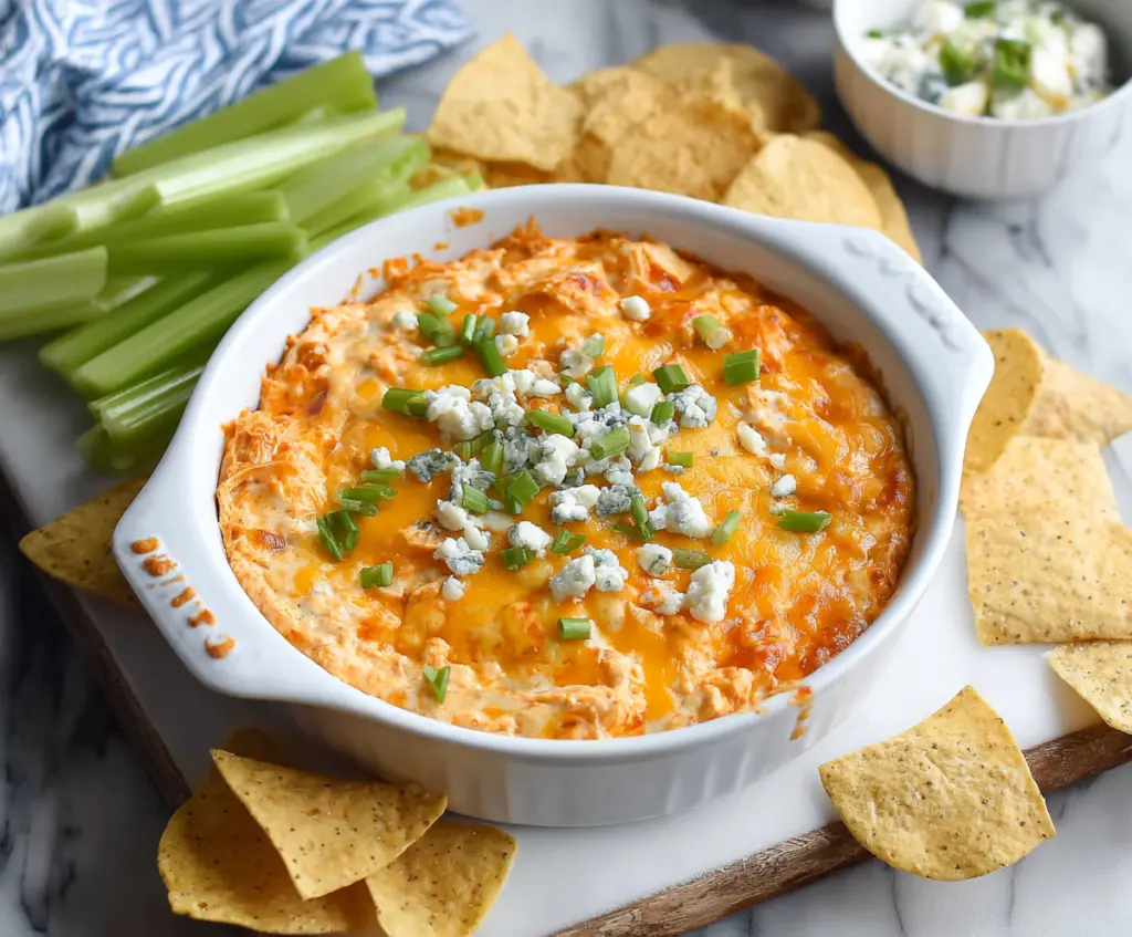 Creamy Greek Yogurt Buffalo Chicken Dip served with celery sticks, perfect for snacks or parties.