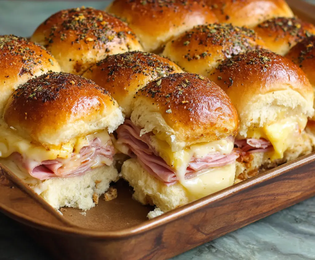 Delicious Ham and Cheese Hawaiian Roll Sliders with melted cheese and savory ham.