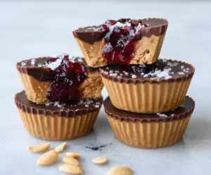 Healthy peanut butter and jelly cups in a clear glass dish with fresh berries