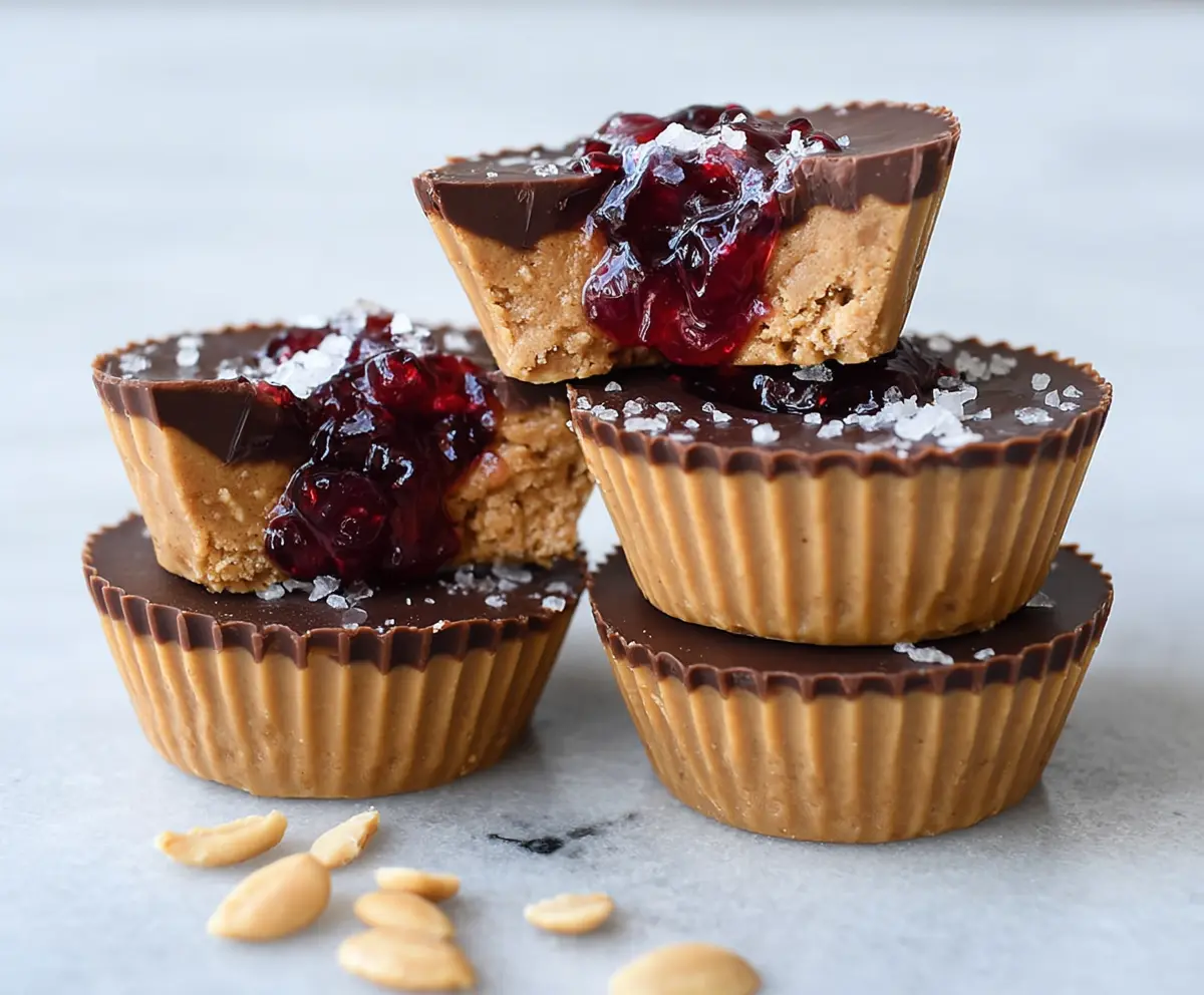 Healthy peanut butter and jelly cups in a clear glass dish with fresh berries