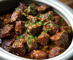 Delicious high protein slow cooker garlic butter beef bites served on a plate