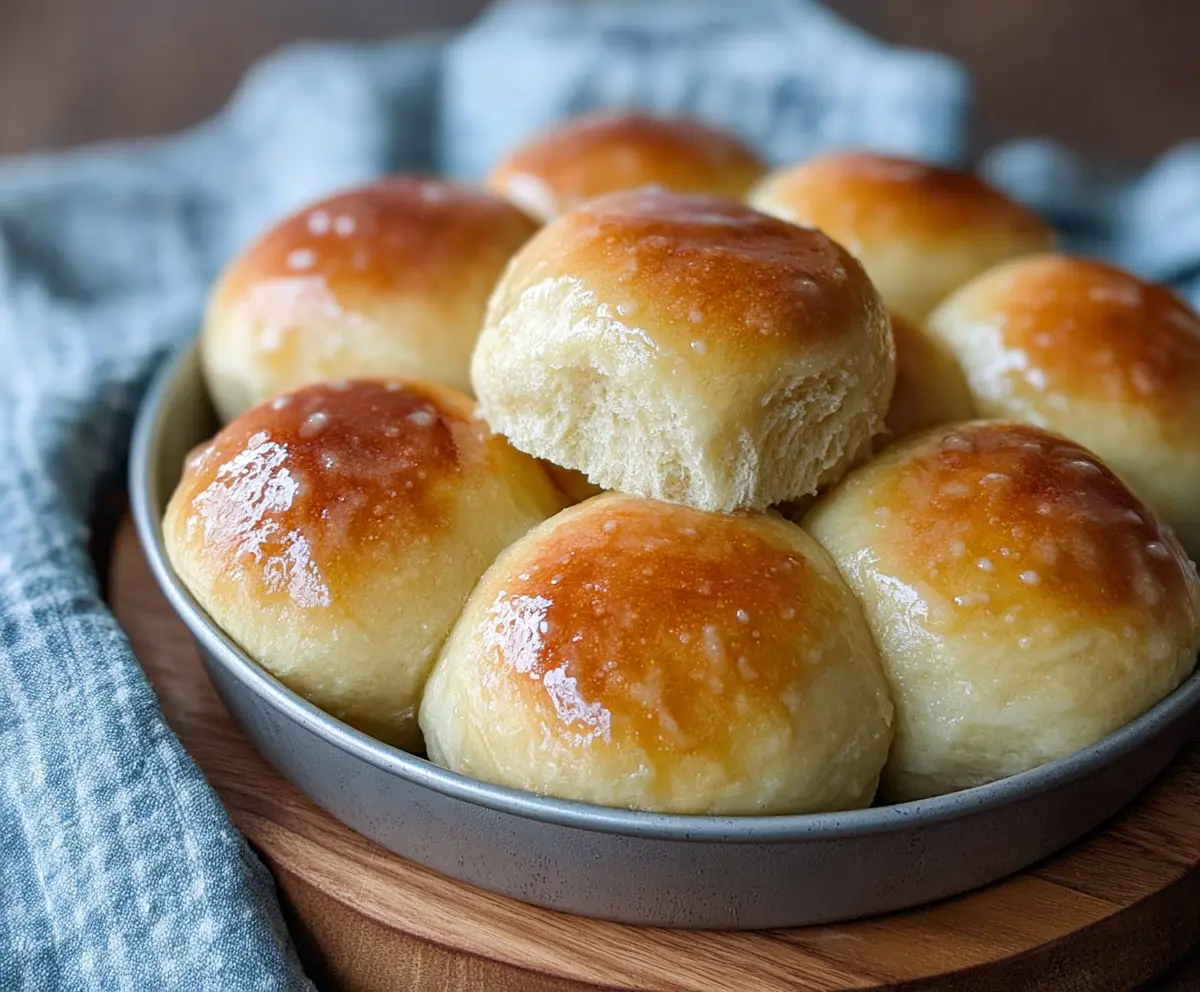 Golden Honey Butter Sourdough Discard Rolls on a rustic wooden table, soft and freshly baked.