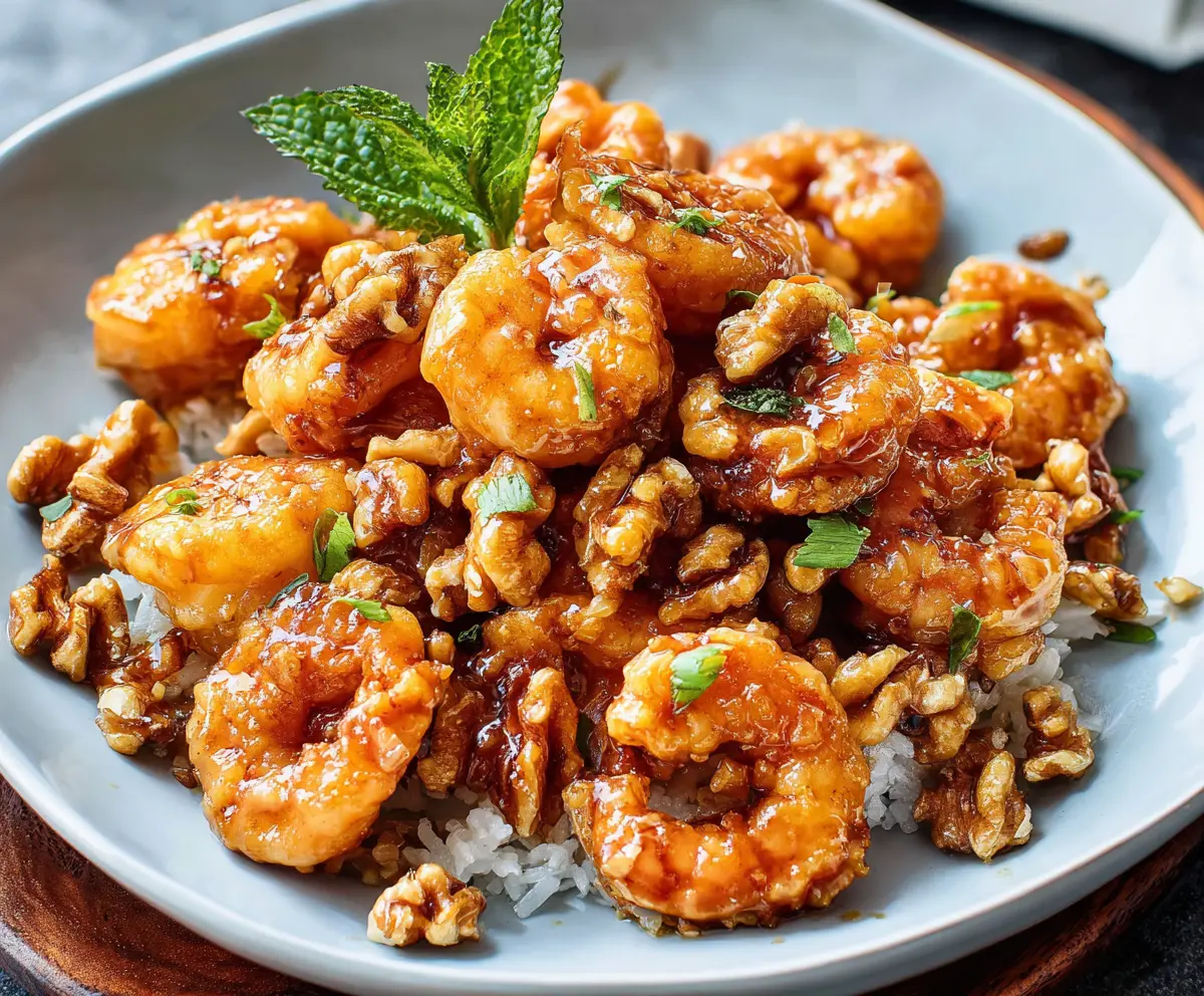 Delicious Honey Walnut Shrimp served with crispy walnuts and glossy honey glaze, perfect for a sweet and savory dish.