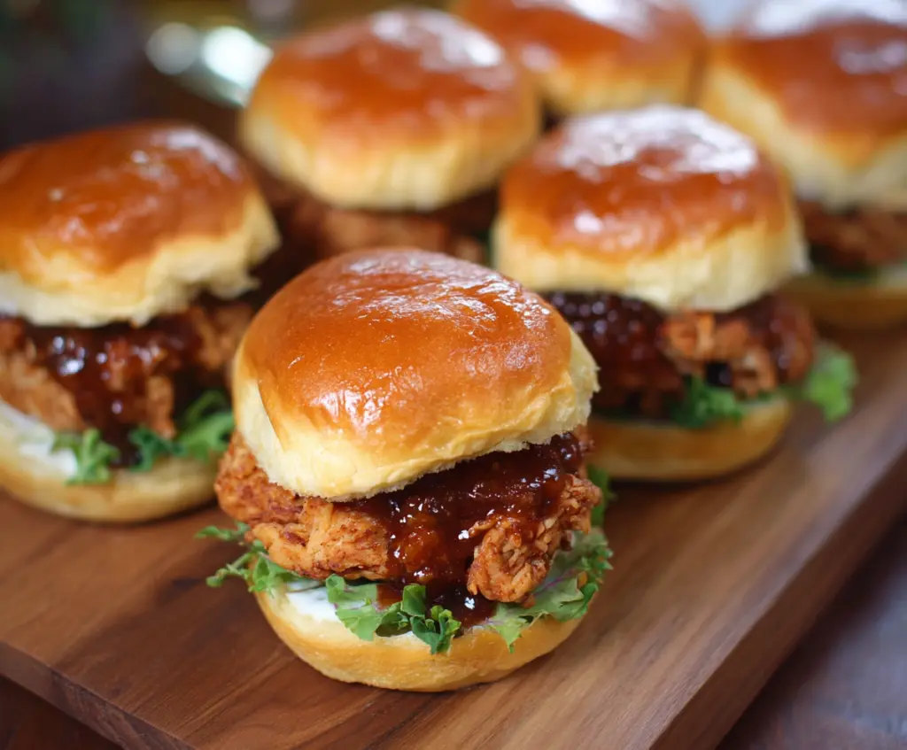 Delicious hot honey chicken sliders with melted cheese and fresh toppings on a plate