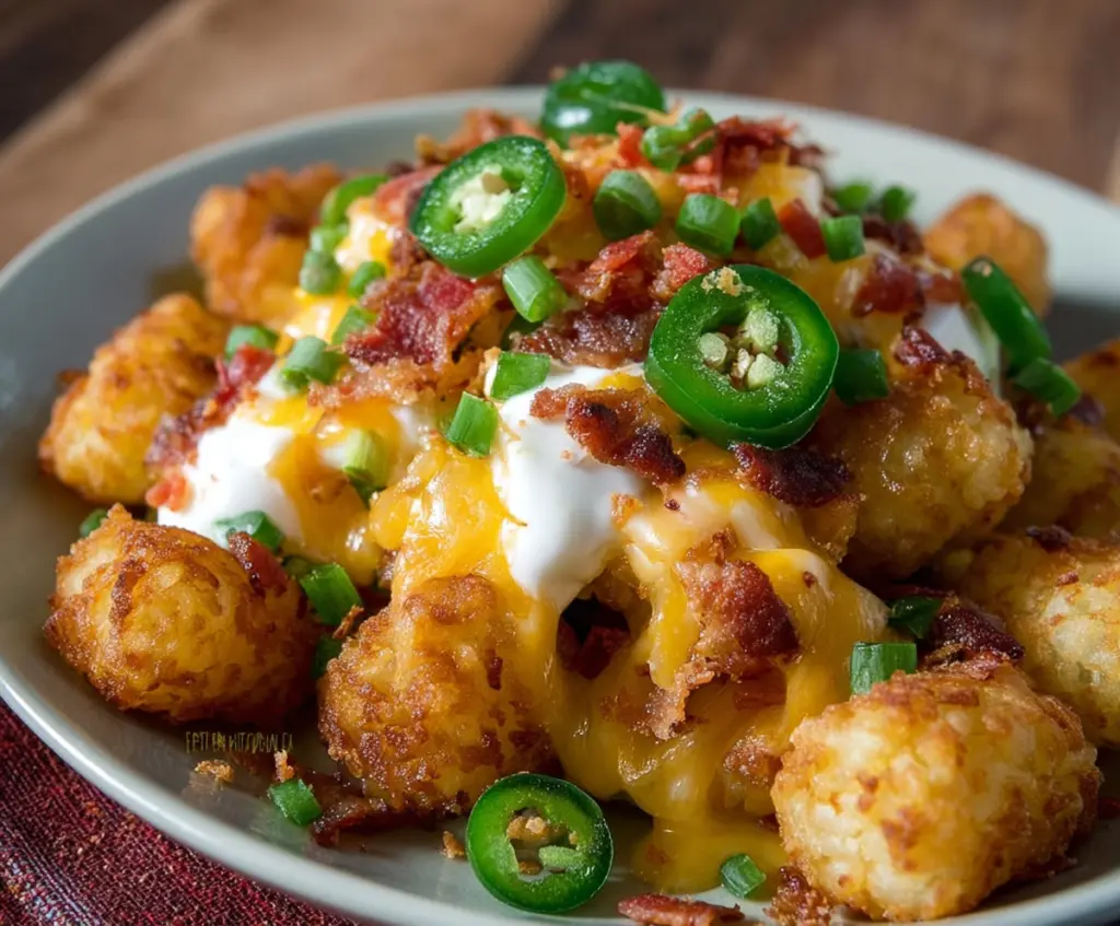 Crispy jalapeno popper tater tots topped with melted cheese and fresh jalapenos.