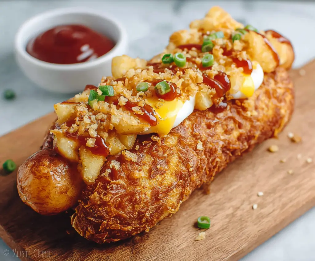 Delicious Korean Potato Hot Dog with crispy coating and soft interior, perfect for snack or street food.