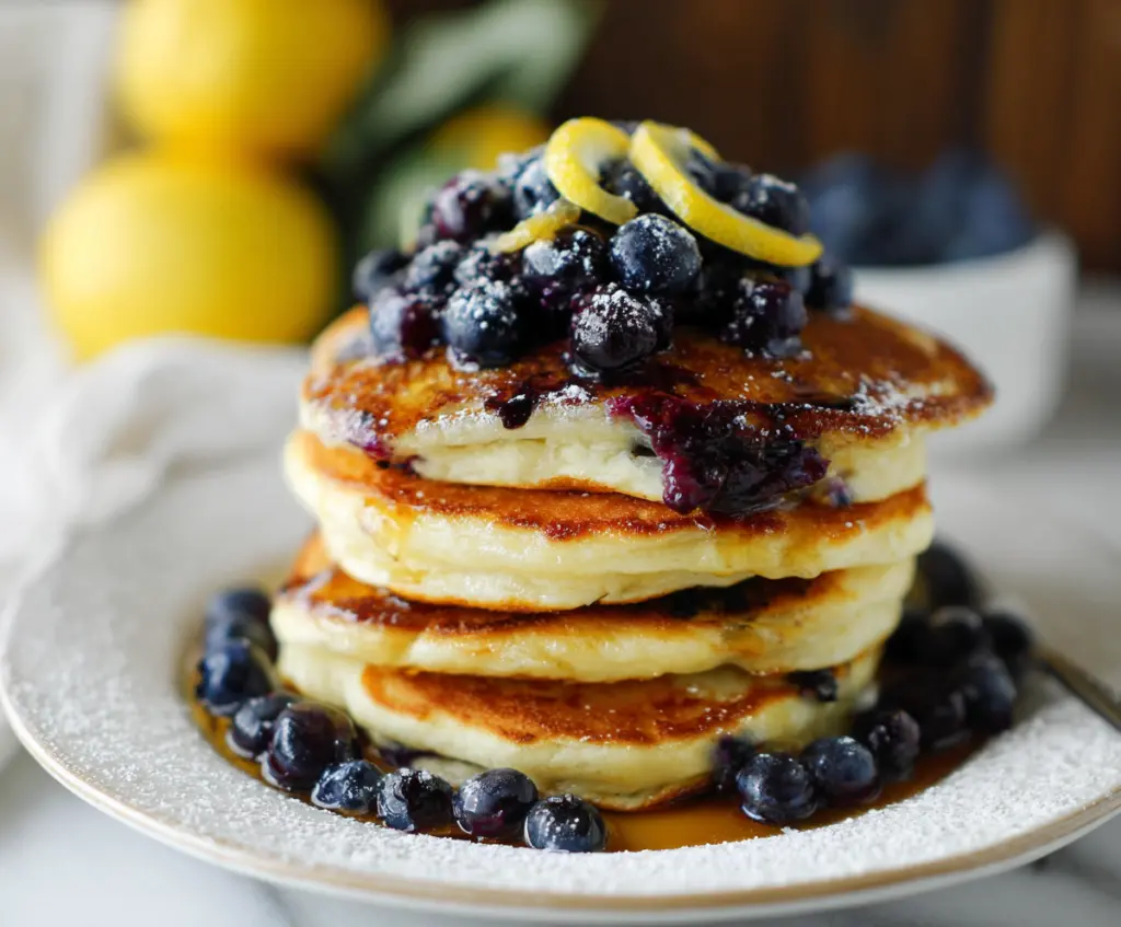 Delicious Lemon Blueberry Pancakes stacked on a plate, garnished with fresh blueberries and lemon slices.