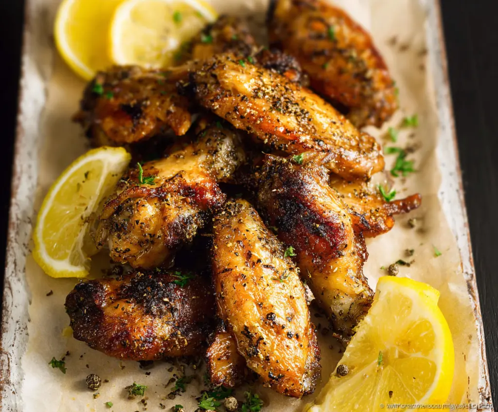 Juicy lemon pepper wings glazed with zesty lemon and seasoned pepper, served on a plate.