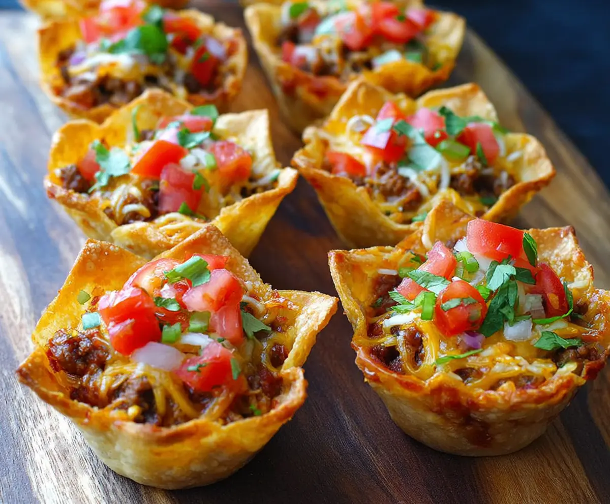 Delicious Lil Taco Cups filled with seasoned beef, cheese, and fresh toppings, perfect for appetizers or snacks.