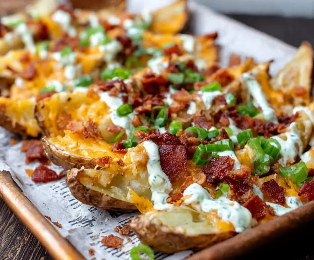 Crispy loaded baked potato wedges topped with cheese, bacon, and green onions on a plate.