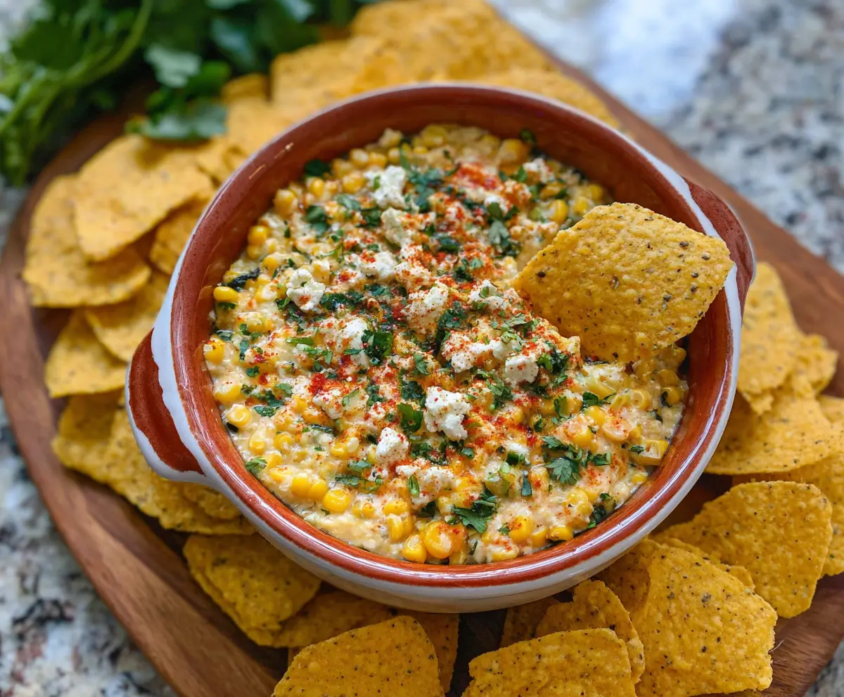 Creamy Mexican corn dip with cheese and spices in a bowl, perfect appetizer for parties.