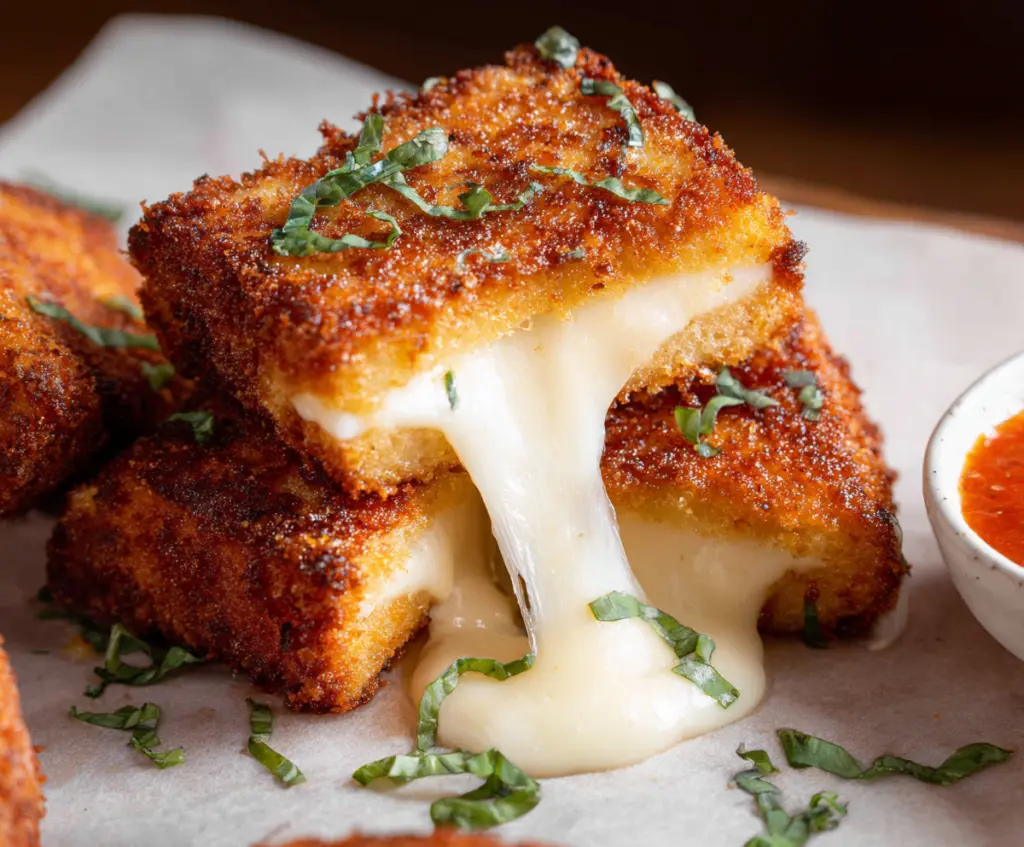 Golden fried Mozzarella Carrozza with crispy breading and gooey cheese center