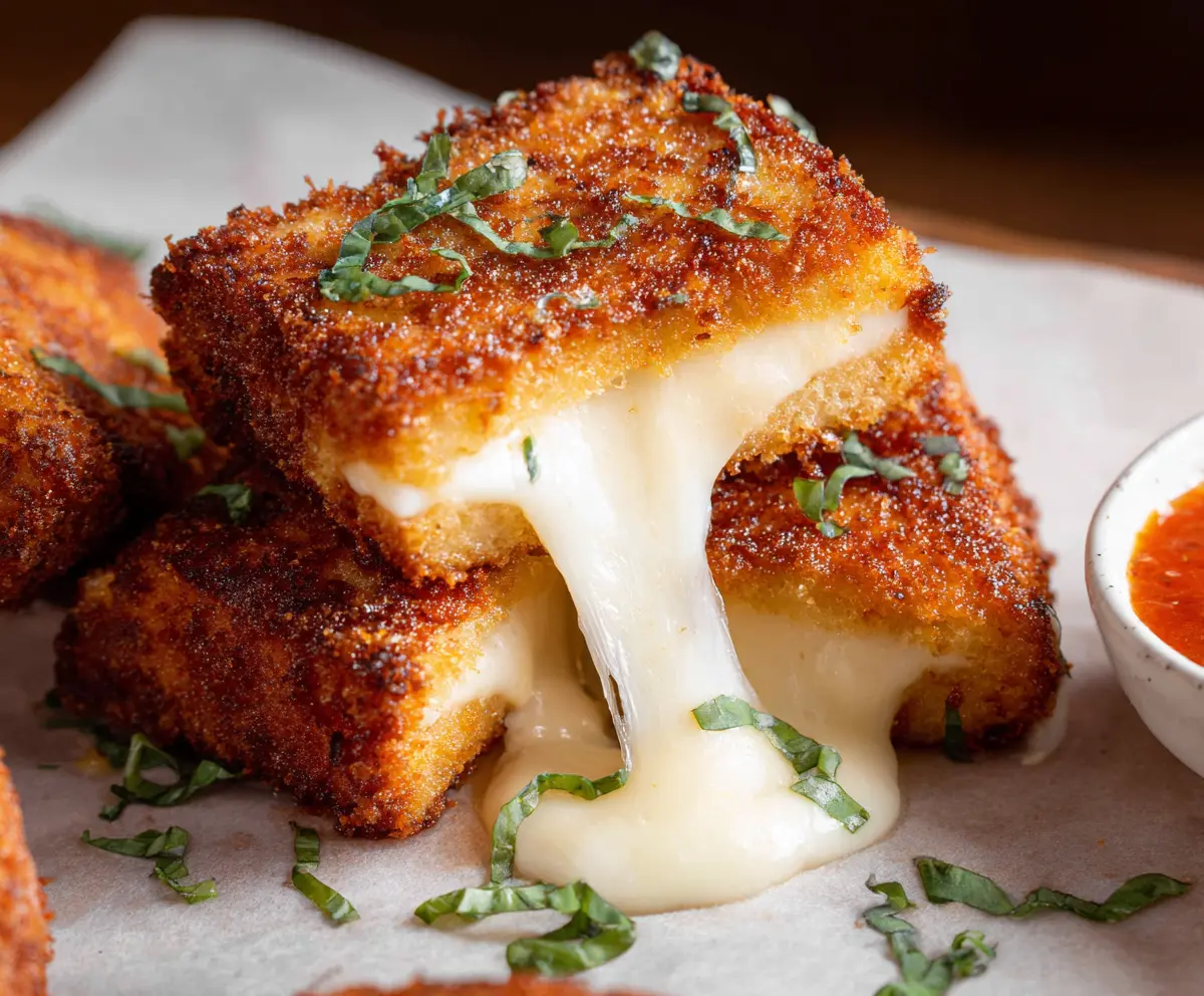 Golden fried Mozzarella Carrozza with crispy breading and gooey cheese center