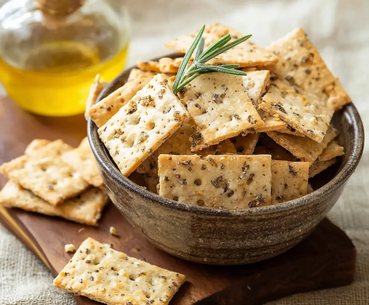 Homemade olive oil sourdough discard crackers on a rustic wooden surface