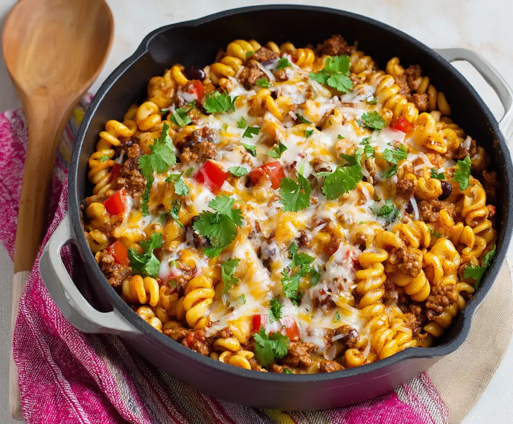 Delicious one pot taco pasta with seasoned ground beef, vibrant vegetables, and melted cheese served in a bowl.