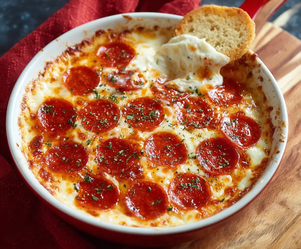 Delicious Pepperoni and Cream Cheese Pizza Dip served in a bowl, garnished with herbs.