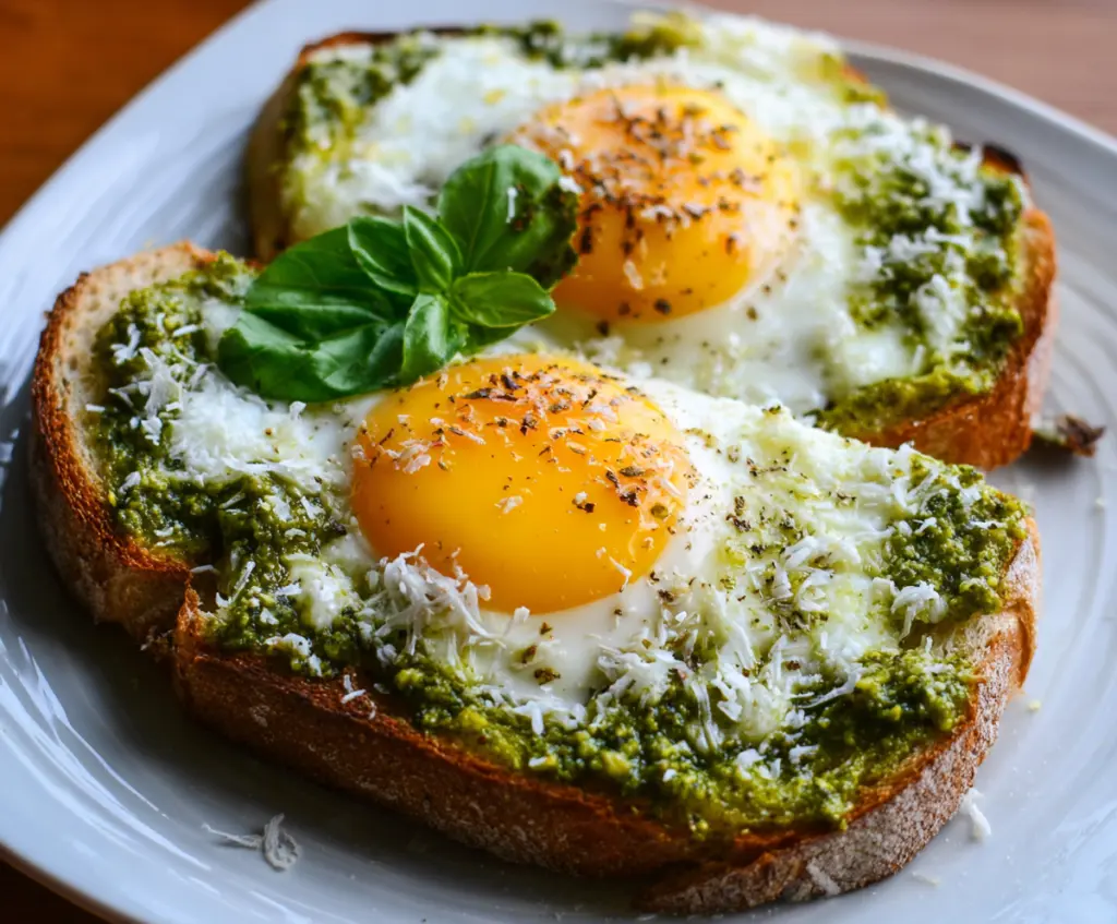 Delicious pesto egg toast topped with fresh basil and melted cheese on whole grain bread.