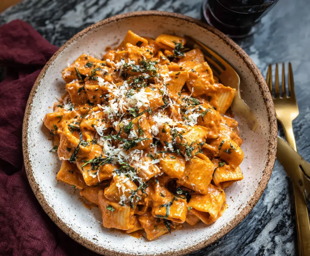 Creamy pesto vodka sauce pasta served with fresh basil and grated Parmesan cheese.